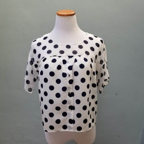 J.O.A. Polka Dot Sheer Blouse Navy White Small - Picture 1 of 6
